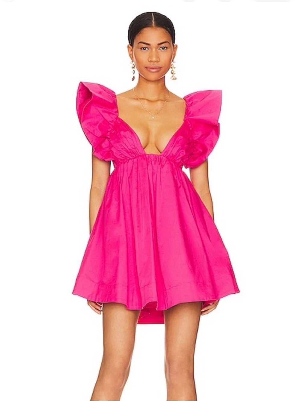 For Love & Lemons Hot Pink Flutter-Sleeve Mini Dress